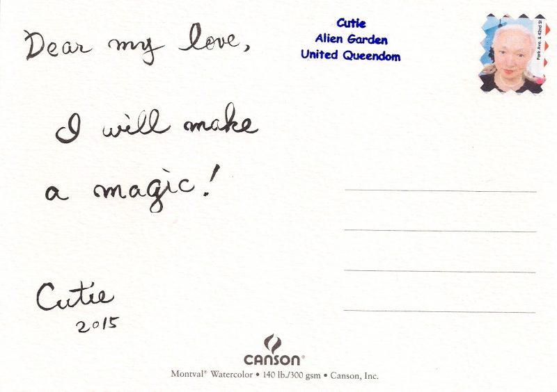 Noriko Shinohara (New York, USA), Cutie Will Make Magic, 2015, Double-sided hand-made Postcard on Watercolor Paper, Ink, Custom made Stamp by the Artist, Made Exclusively for LPM Gallery. Approx 12 x 18cm. $250 each. SOLD.