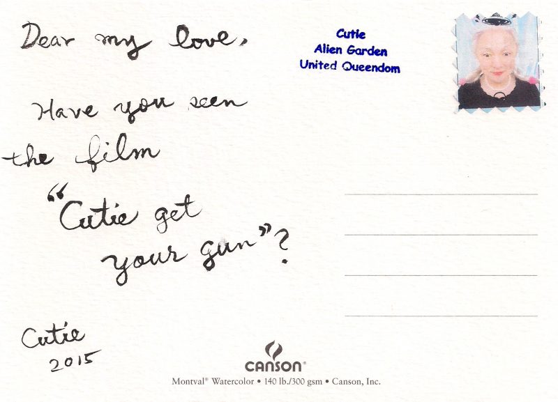 Noriko Shinohara (New York, USA), Cutie Get Your Gun, 2015, Double-sided hand-made Postcard on Watercolor Paper, Ink, Custom made Stamp by the Artist, Made Exclusively for LPM Gallery. Approx 12 x 18cm. $250 each. SOLD.
