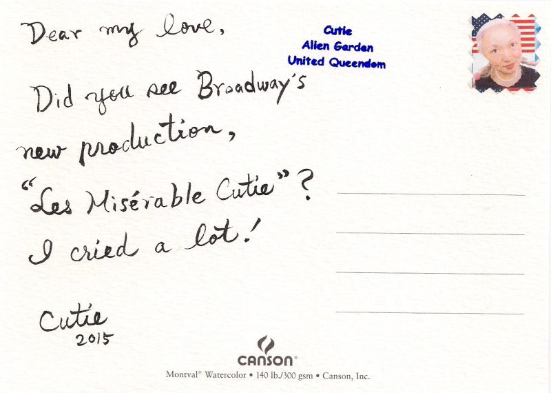 Noriko Shinohara (New York, USA), Les Miserable Cutie, 2015, Double-sided hand-made Postcard on Watercolor Paper, Ink, Custom made Stamp by the Artist, Made Exclusively for LPM Gallery. Approx 12 x 18cm. $250 each.