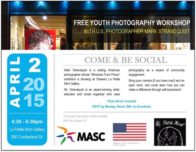 April 2, 2015, from 4:30 - 6:30pm., in collaboration with MASC Ottawa (Multicultural Arts for Schools and Communities), the artist will facilitate a workshop with at-risk teens living in Ottawa.