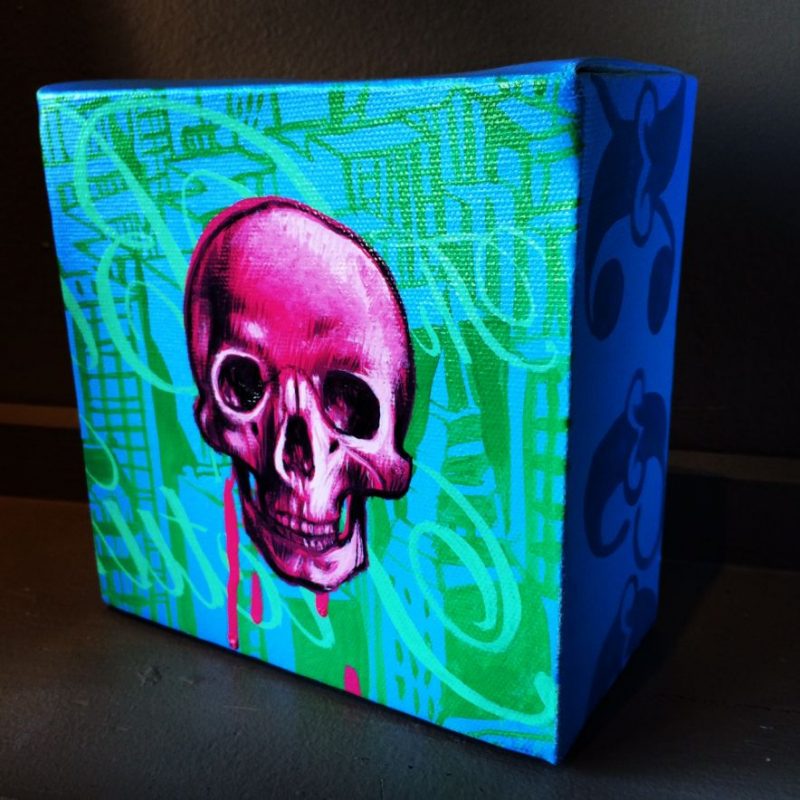 Juan Carlos Noria aka DIXON (Barcelona, Spain), Skull  (full view), Acrylic & Spray Paint on Canvas, 2005, 6 width x 6 depth x 3  inches (thick). Reduced to $220