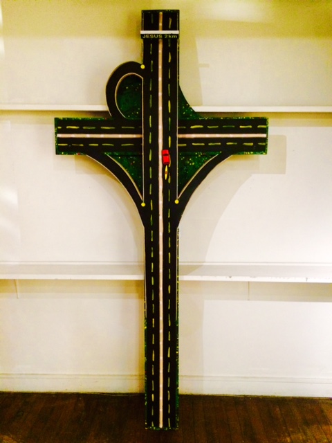 Rene Price (Ottawa, Canada), 'Jesus 2km', Cross with Found Objects, Mixed Media, 46 x 86 x 4 inches, 1997. Collection of La Petite Mort Gallery Archives.