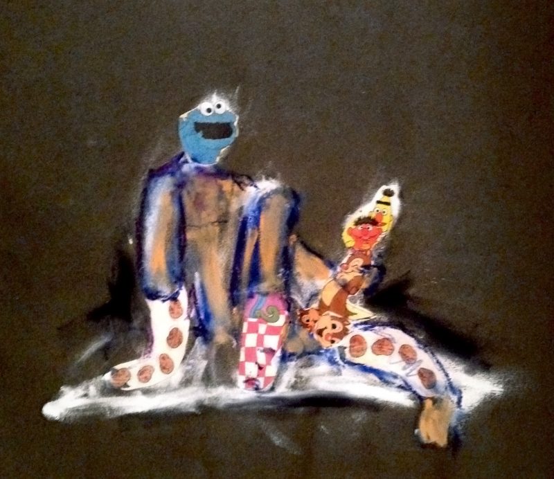 Scooter LaForge (New York USA), Cookie Monster, 21.5 x 28.5 inches, Collage on handmade paper, SOLD.

