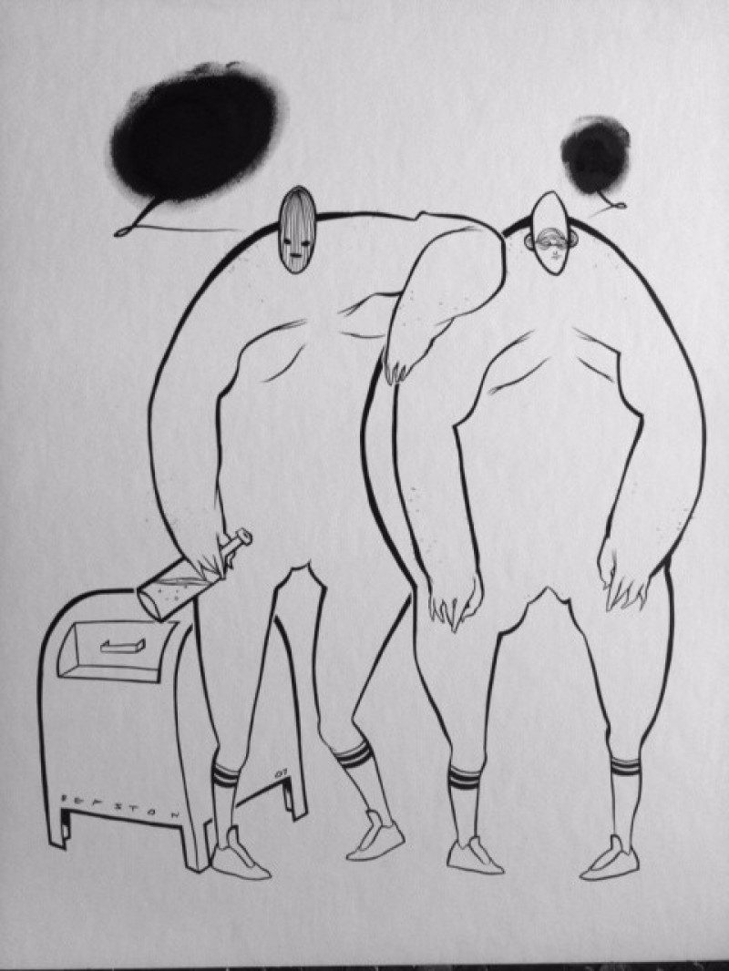 Graham Robinson aka Beaston (Toronto Canada), Figures & Mailbox (commissioned work for LPM Gallery Limited Edition T-shirts), Ink on Thick Paper Stock, 20 x15 inches, 2006, $200.
