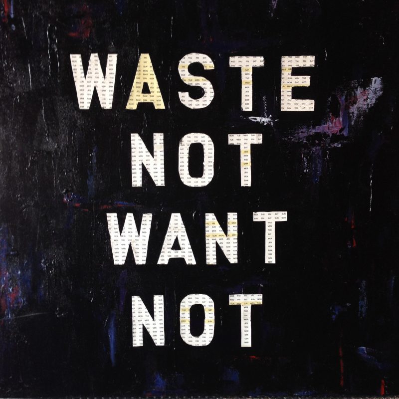 Judy DeBoer, Waste, Acrylic and Birth Control Date Labels on Canvas, 24 x 24 inches, 2011