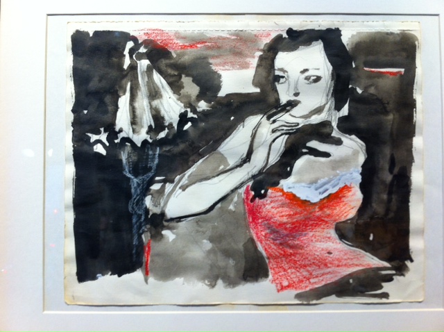 Helen Sadler (Ottawa, Canada), Waiting in the Hotel Lobby, Mixed Media on Paper, 11 x 8 inches, $500