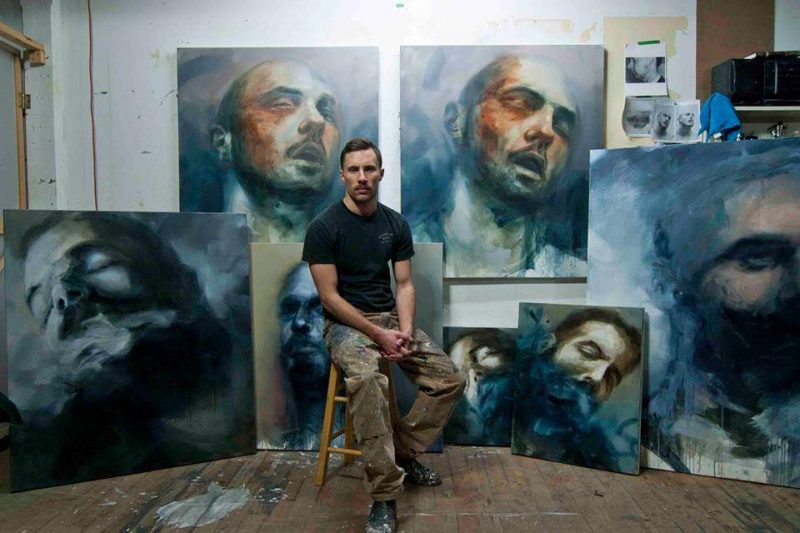 Andrew Moncrief in his Montreal studio, with actual exhibit paintings in progress. January 2014.