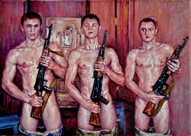 Matthew Stradling, London (England), 'Boys with Guns', Oil on canvas, 6 x 8 inches, 2014, USD$600