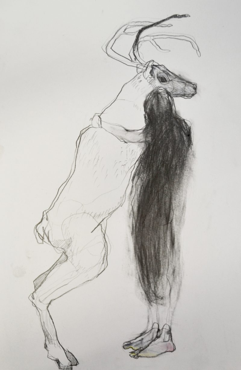 Aleks Bartosik, A Deer Hug, 11.5 x 17.5 inches, Pencil, Acrylic and Conte on Paper. Pre-Sold.