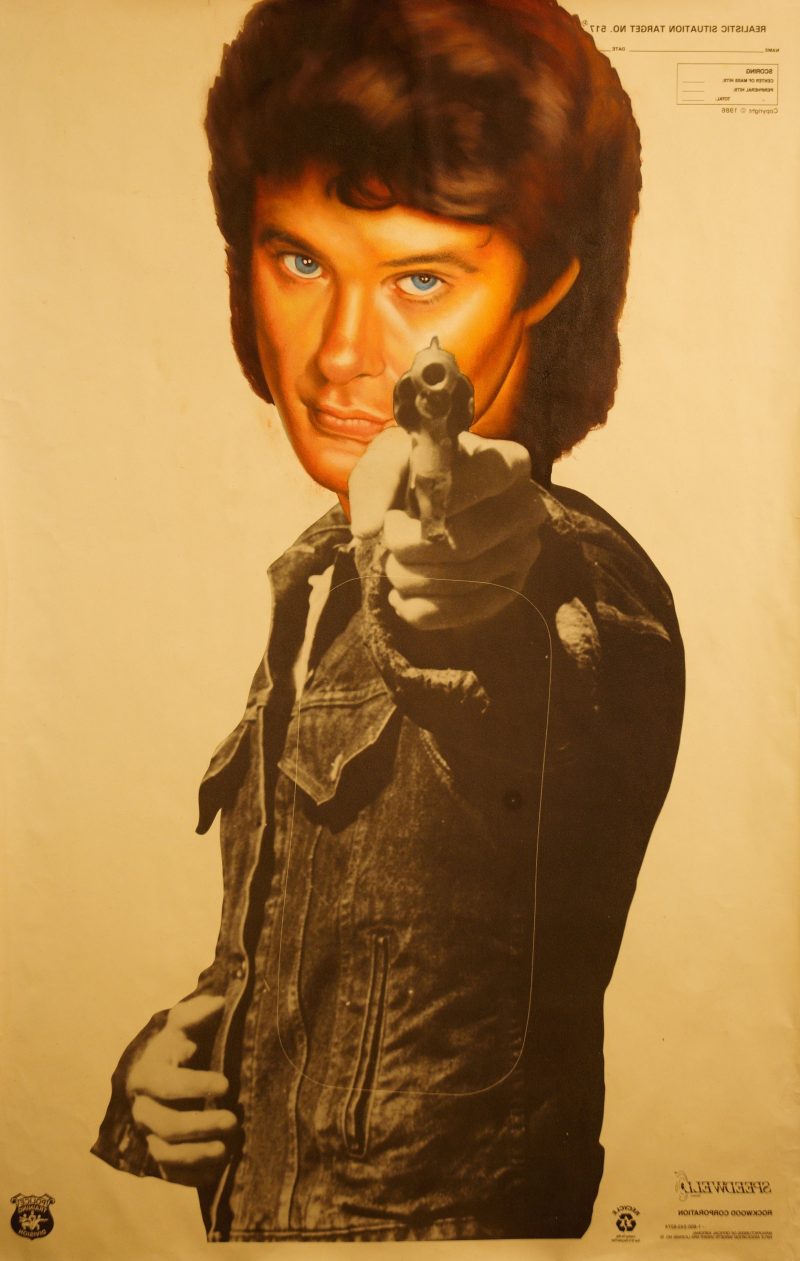 Don't Hassel the Hoff, by Peter Shmelzer, 35 x 22 inches, Oil on shooting range poster, 2014, $850.