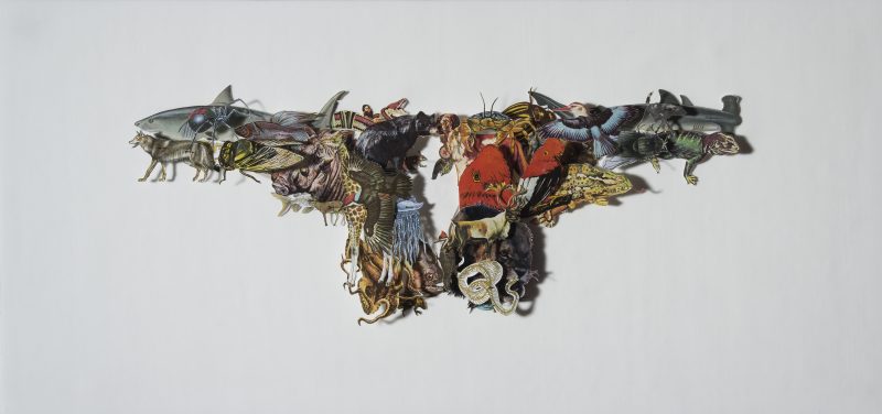 Omar Arcega (Mexico City), Rorschach 3, 71 x 33.5 x 5cm, Collage & Pins on Board, Framed, 2012. $800