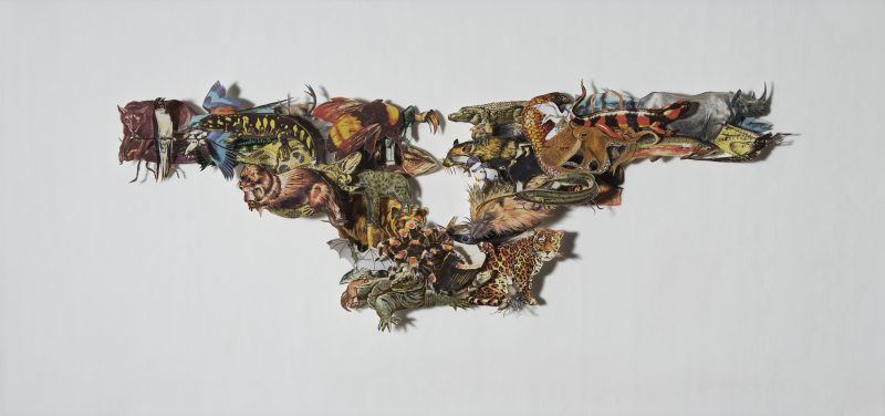 Omar Arcega (Mexico City), Rorschach 2, 71 x 33.5 x 5cm, Collage & Pins on Board, Framed, 2012. $800