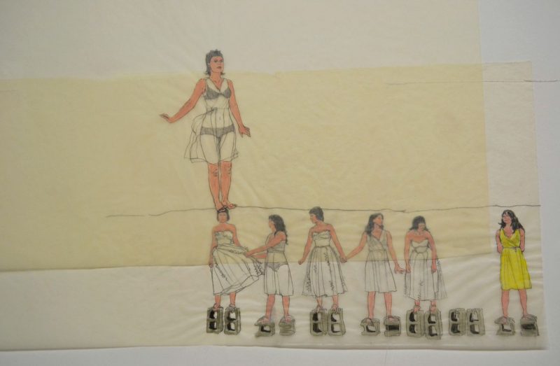 Six Girls with Bricks (2006), Pencil, Acrylic on Drafting Papers, 24 x 20 inches, $350
