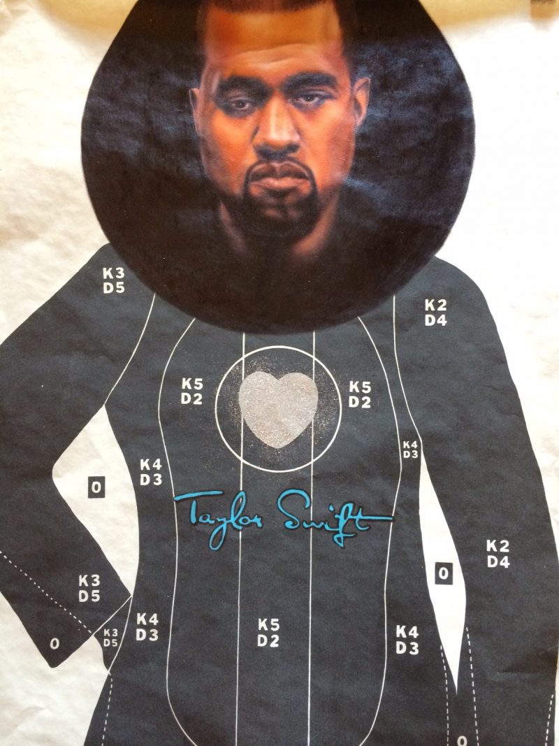 Kanye Loves Swift, by Peter Shmelzer,  18 x 25 inches, Oil on shooting range poster, 2014. Donated.