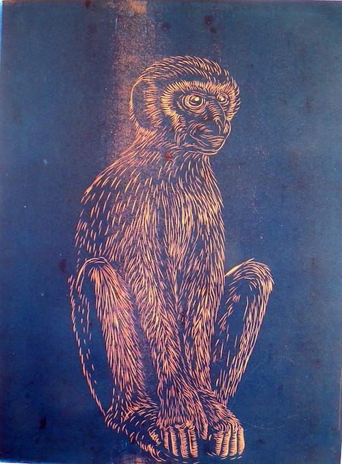 Pink Monkey, Linocut Reduction Print, Paper 76cm x 57cm, Print  62cm x 46cm, 2012, $300 Print