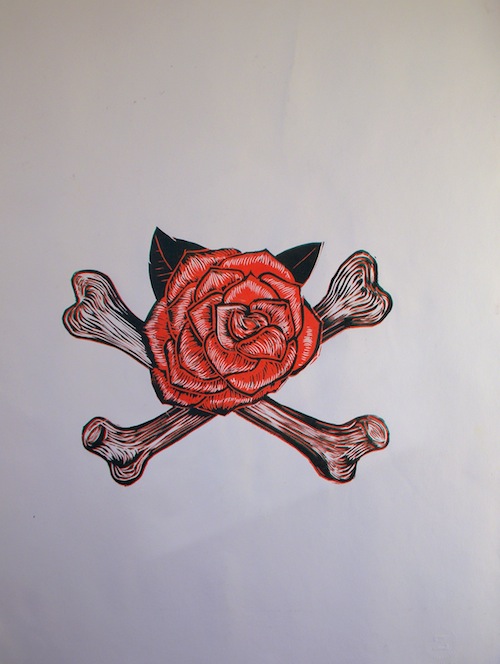 Rose and Bones, Linocut Reduction Print, 76cm x 57cm, 2012, $300 Print