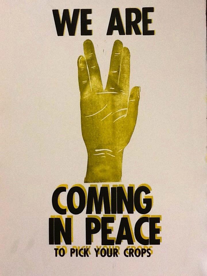 Guillermo Trejo, We Are Coming in Peace, 14 x 21 inches, Linocut & Letterpress, Print, 2012, $80