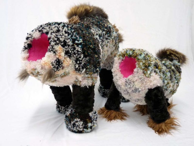 Karina Bergmans, Pink Orifice Creature & Babe, 10 x 16 x 10 & 12 x10 x 7.5 inches, foam, cardboard, fox fur, yarn, fibre, paint, flocking. 2012, 2012, Pair: $650
