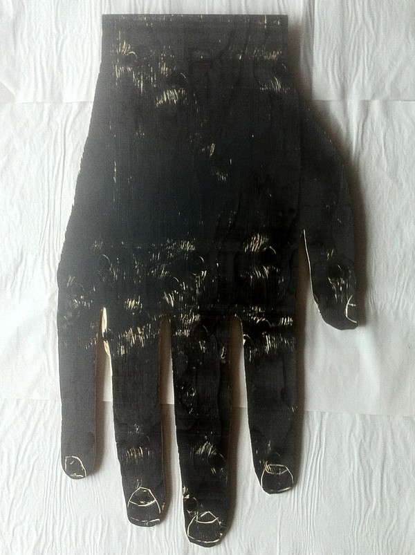 Mano Negro, Print Making Ink on Found Wood (Hand made by artist), 22 x 40 inches, 2012