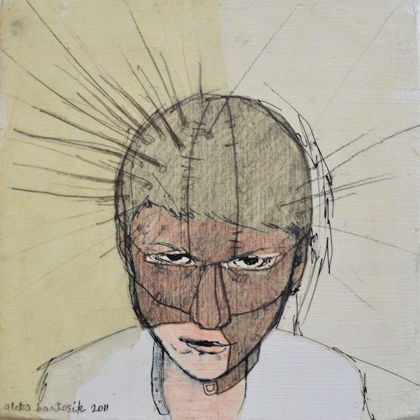 Leather Face No.1, Ink, Pen, Pencil on Drafting Paper on Wood, 5.5 x 5.5 inches. $100