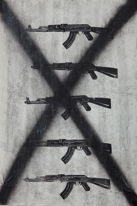 Guns and X, Woodcuts and Spray on Paper Mounted in Wood, 2 x 1 feet, $ 300