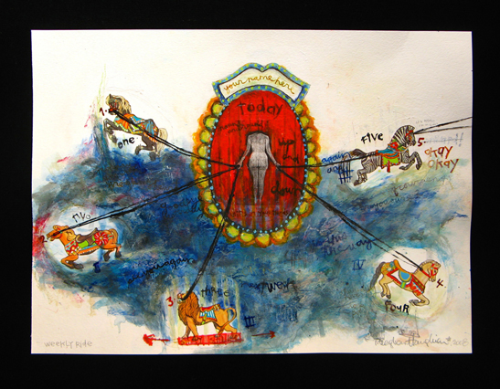 5 days on a carousel, Weekly ride, mixed media on paper, 11 x 15 inches, 2008, $200