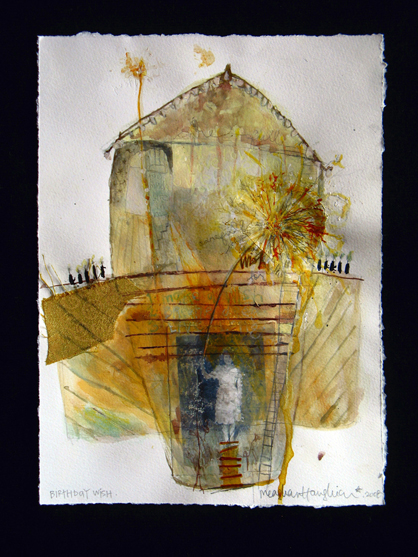 Birthday wish, mixed media and fabric on paper, 11.5 x 8.5 inches, 2008, SOLD.