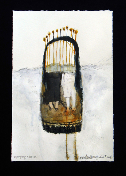 Stepping stones, mixed media on paper, 11.5 x 7.5 inches, 2008, SOLD.