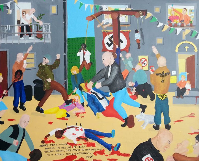 Angry men & women beating the hell out of black, yellow, brown, gay people & hairdressers on a lovely Tuesday afternoon, 80cm x 100cm.  http://jayrechsteiner.com/home.htm