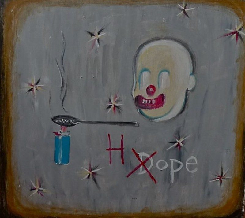 Scooter LaForge (New York, USA), Painting on Wood Panel. Originally the front of the bar at La Petite Mort Gallery. (Only the front wood panel remains now). Designed & commissioned in 2010, entitled 'Hope, Not Dope'. Made specifically for LPM Gallery, based on the harshness of the neighbourhood of the gallery, at the time. Private Collection.
