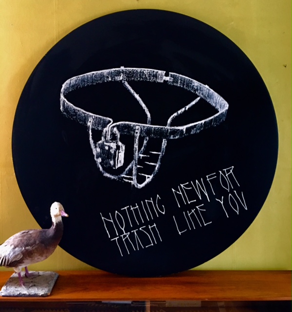 Alejandro Dorda Mevs aka Axel Void (Berlin, Germany), 'Nothing New for Trash Like You',

Acrylic applied with syringe on found wooden table, 60 inches in circumference.