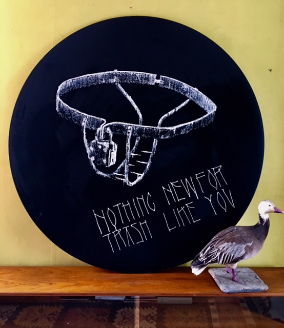 Alejandro Dorda Mevs aka Axel Void (Berlin, Germany), 'Nothing New for Trash Like You',

Acrylic applied with syringe on found wooden table, 60 inches in circumference.