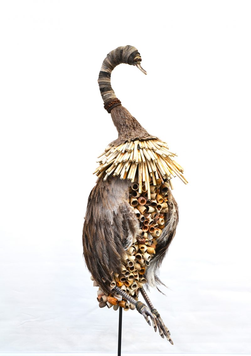 Mudlark. 2016. Taxidermy Rhea (young adult) Clay smoking pipes & stems 16th-19th century. Fabric. Metal. Bells. Leather. Concrete base. $15,000. Does not include shipping from London, England.
