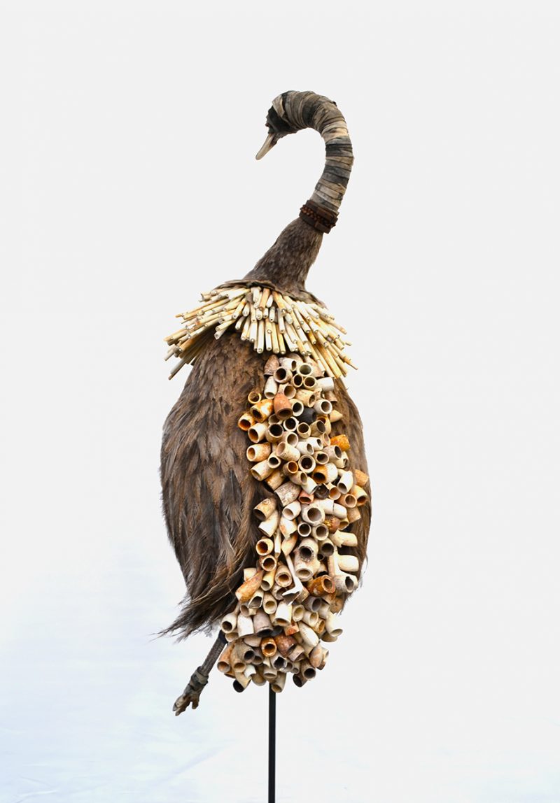 Mudlark. 2016. Taxidermy Rhea (young adult) Clay smoking pipes & stems 16th-19th century. Fabric. Metal. Bells. Leather. Concrete base. $15,000. Does not include shipping from London, England.