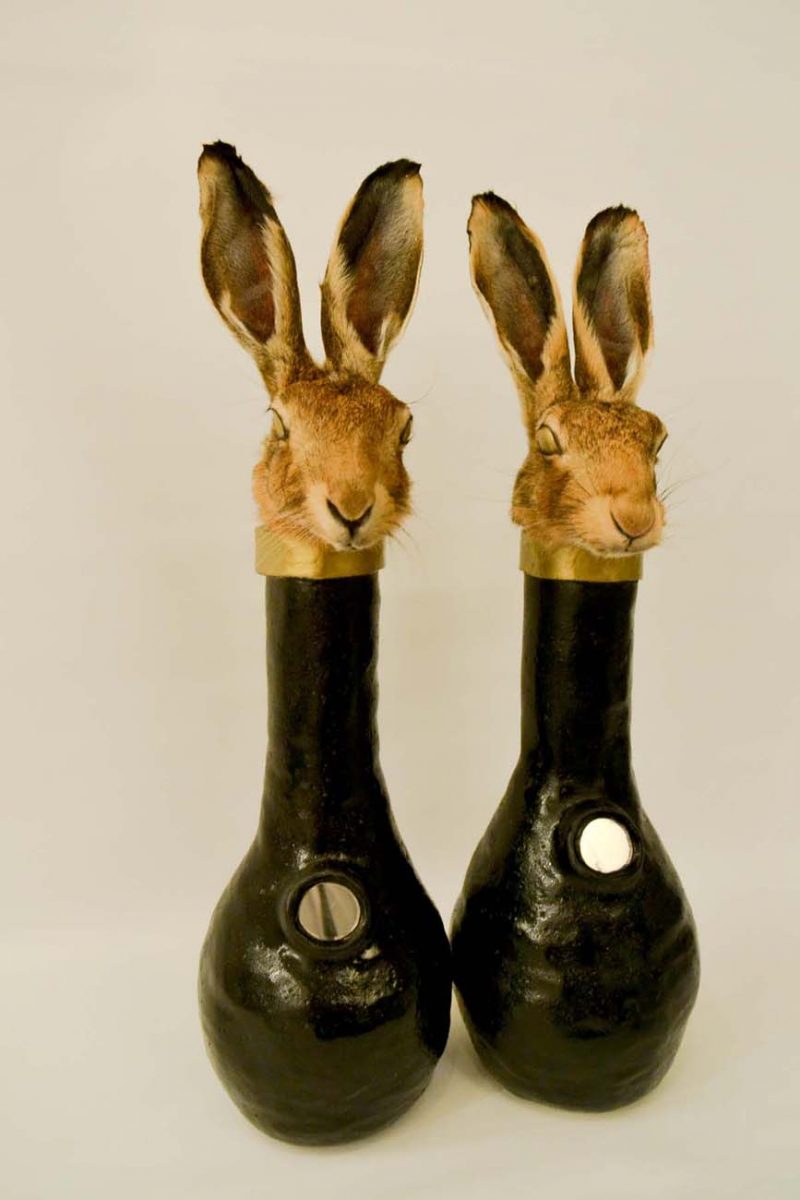 Rowan Corkill (London, England), Tricksters, 2016, Taxidermy Hare Heads, Ceramic Vases. Specific Commission for The Riviera, curated by LPM Projects. SOLD.