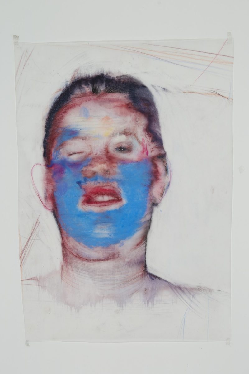 Geoff Chadsey (New York, USA), Untitled #3 (blue faced wink), 16.5 x 11.5 inches / 42 x 29 cm. Watercolor pencil, crayon on mylar (with occasional latex spray paint), 2014
