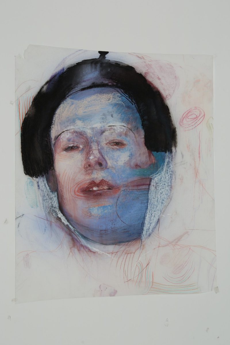 Geoff Chadsey (New York, USA), Untitled #1 (blue faced, geisha), 16 x 13.5 inches / 41 x 34 cm., Watercolor pencil, crayon on mylar (with occasional latex spray paint), 2014
