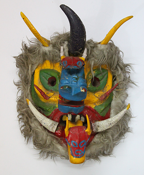 Diablos / Devils, Devil, Teloloapan, Guerrero, Polychrome carved wood, goat and bull horns, lambswool, Circa 1980, 45 cm long x 42 cm wide