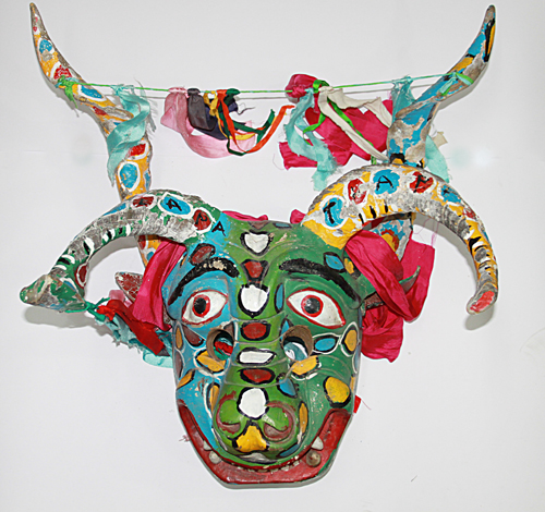 Diablos / Devils, Devil, Tlapa, Guerrero, Polychrome carved wood, goat horns, ribbons, Circa 1970, 61 cm long x 60 cm wide
