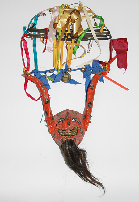 Carnaval / Carnival, Goat, San Bartolo Tutotepec, Hidalgo, Polychrome carved wood, goat horns, horsehair, glitter, wire headdress with shells, ribbons and bells, Circa 1970, 71 cm long x 34 cm wide