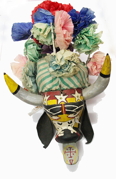 Carnaval / Carnival, Little Bull, Alto Lucero, Veracruz, Polychrome carved wood, bull horns, oilcloth ears, headdress of cloth and tissue paper flowers, Circa 1970, 60 cm high x 36 cm wide
