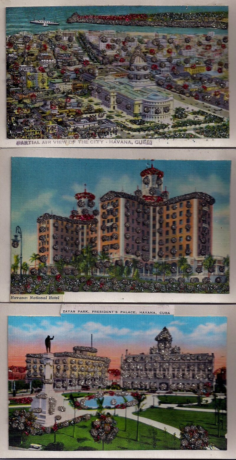Havana Cuba, Set of 3 Vintage Postcards with tons of glitter as highlights, 5.5 x 3.5 inches each, $25 for the set.