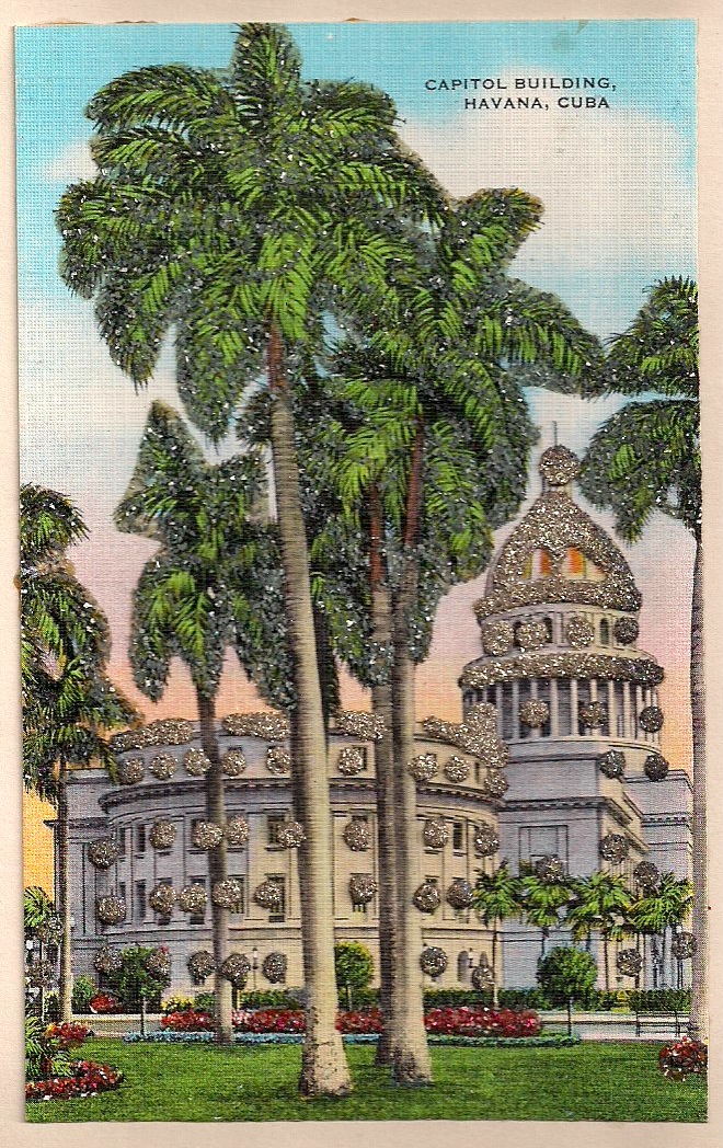 Anonymous Cuban Postcard with glitter added to palm trees, Titled 'Capital Buildings, Havana, Cuba), circa 1940's, 3.5 x 5.5 inches, $20.