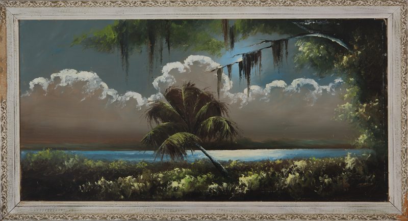 James Gibson (Born 1938), Moonlit Palm, Oil on Upson Board, 61x122cm (Image), 71x132cm (Framed), 1966, Signed.