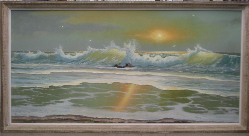 Sam Newton (Born 1948), Beach Sunrise, Oil on Upson Board, 61x122cm (Image), 69x130cm (Framed), 1975, Signed. 