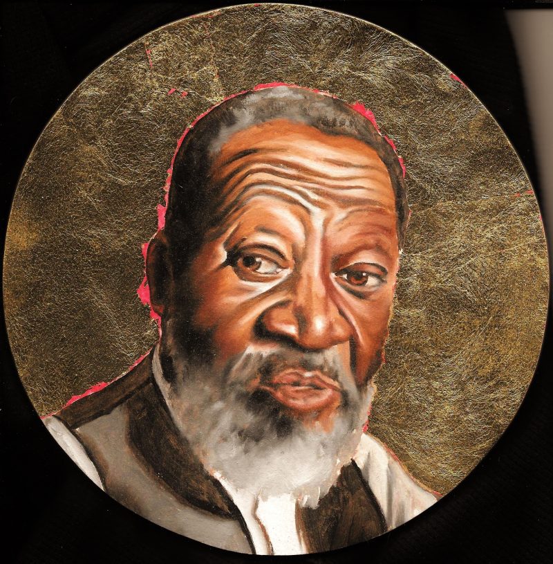 Sylvester Wells, Florida Highwaymen custom painted by Peter Shmelzer (Ottawa, Canada). Oil & gold leaf on wood panel, 8 inch in diameter, 2016.