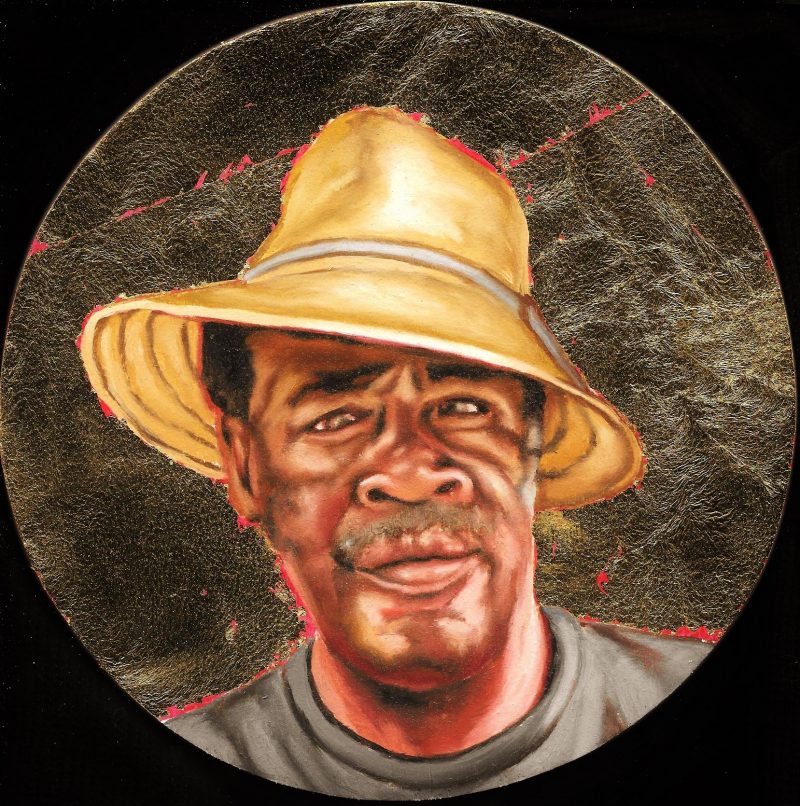 Willie Daniels, Florida Highwaymen custom painted by Peter Shmelzer (Ottawa, Canada). Oil & gold leaf on wood panel, 8 inch in diameter, 2016.