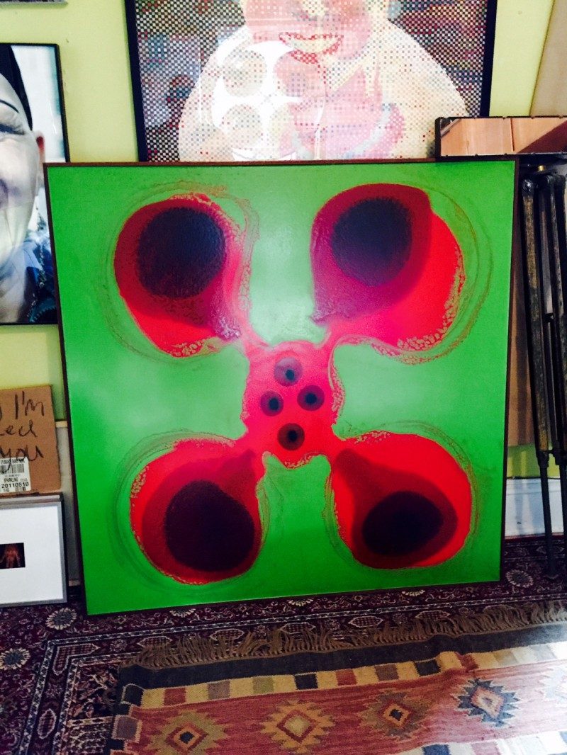 SOLD.  FOUNDDESIGN / Art (Arthur) Price, (1918-2008), Ottawa, Canada. Flower Power #2, 48 x 48 inches, Pour-cast Polyester, Resin and other Materials on Wood Base, Originally framed/mounted by the artist, 1970's. Some visible cracking to artwork. 