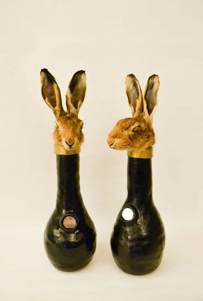 Rowan Corkill (London, England), Tricksters, 2016, Taxidermy Hare Heads, Ceramic Vases. Specific Commission for The Riviera, curated by LPM Projects.