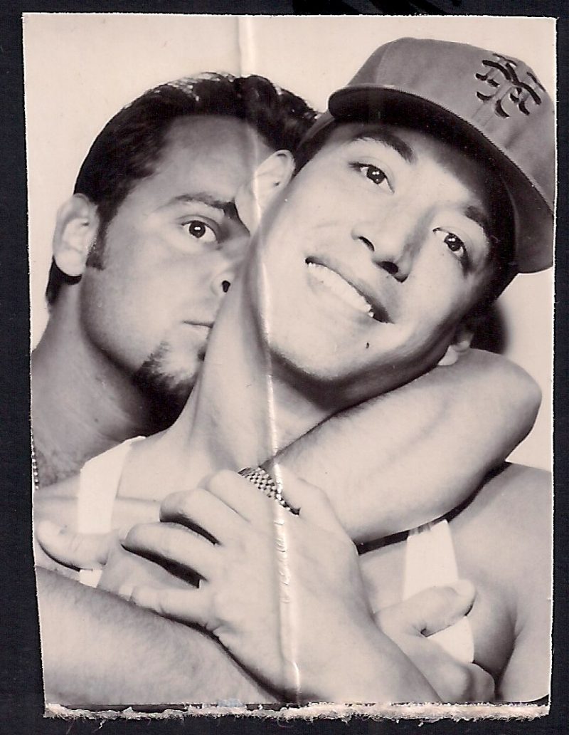 Jaime 'Jesus' Jimenez (with killer smile) & myself (wearing my $10 street/bought fake Rolex), insanely in love in a photo booth, early 1990's, East Village, NYC, (USA)